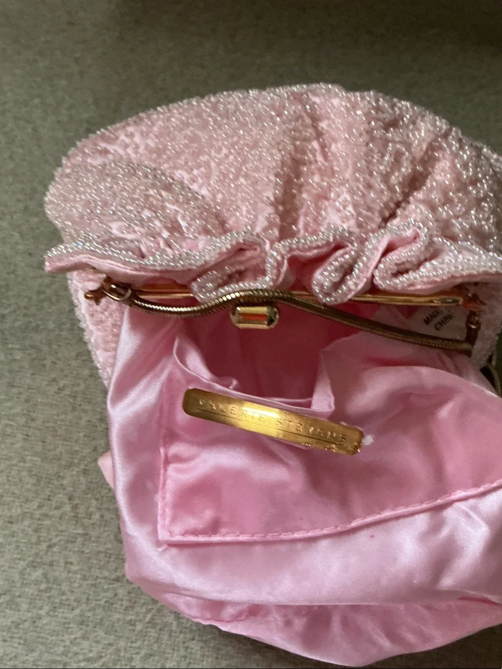 Valerie Stevens Blush Pink Ruffle Drawstring Clutch with Gold Chain